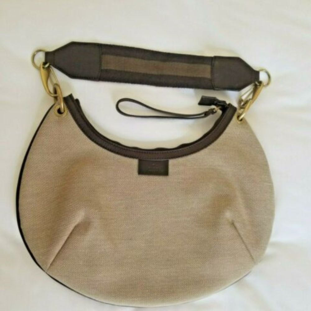 Gucci VTG Beige Brown Trimmed Canvas Shoulder Bag